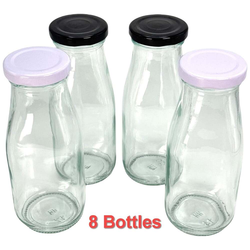 Glass Milk Bottle with Lid 12oz Juice Nama Vintage-Style 8 Pack Clear M1 Nut NEW